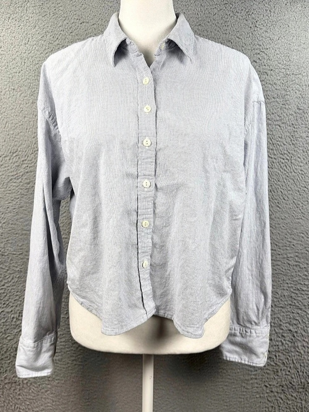Faherty Oxford Cropped Shirt Womens Small Blue White Striped Button Preppy